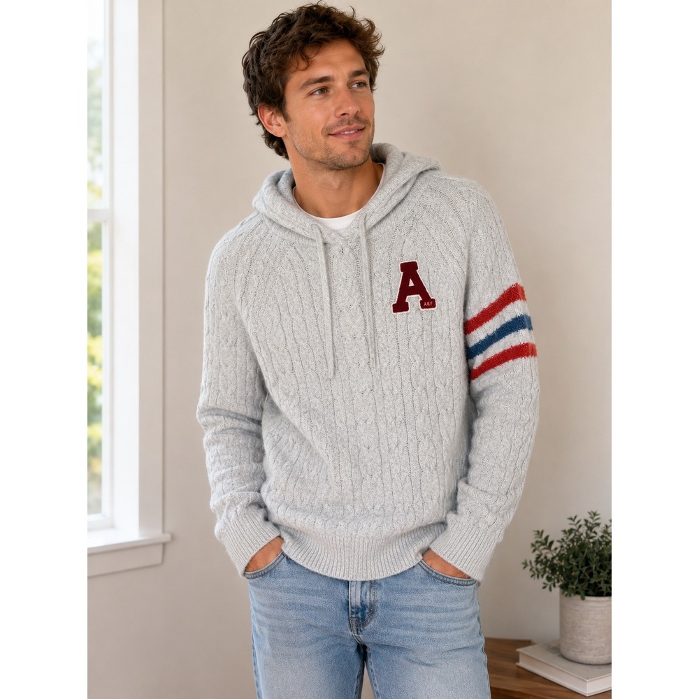 Abercrombie & Fitch Mens XL Gray Cable Knit Varsity Hoodie Chenille Patch A